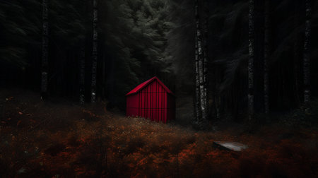 Red hut in a dark forest. 3d rendering. Computer digital drawing.の素材