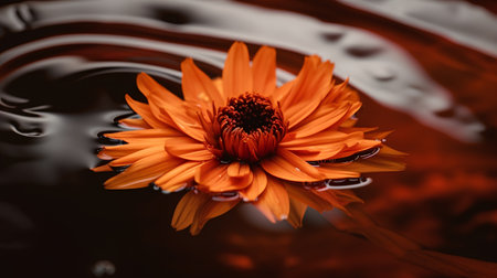 Beautiful orange flower on dark water surface, close-up.の素材
