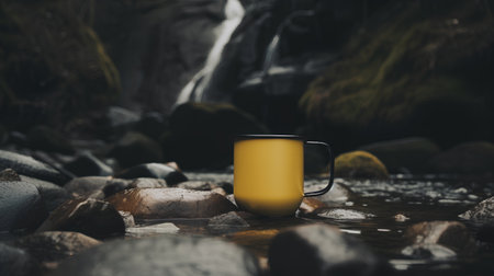 Mug of hot drink on the background of a mountain stream.の素材
