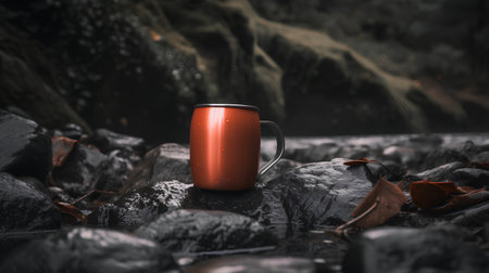 A cup of hot drink on a stone in a dark forest.の素材