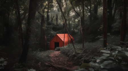 Red camping tent in the forest. Camping in the forest.の素材