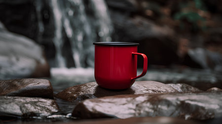 Red mug on the background of a waterfall in the forest. Hot drink.の素材