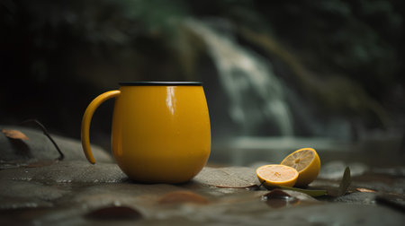 Yellow cup of tea with lemon on the stone and waterfall background.の素材