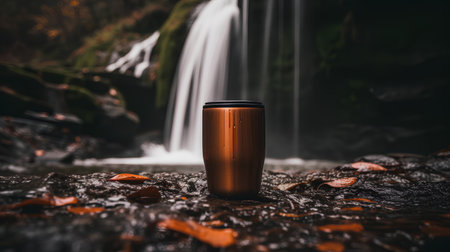 coffee cup on the background of a waterfall in the autumn forestの素材
