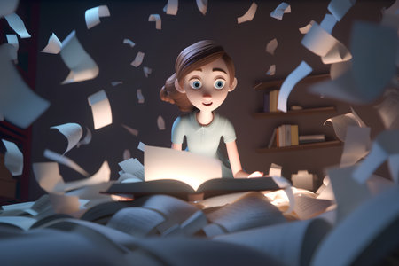 Girl reading a book in a room full of papers. 3d rendering.の素材