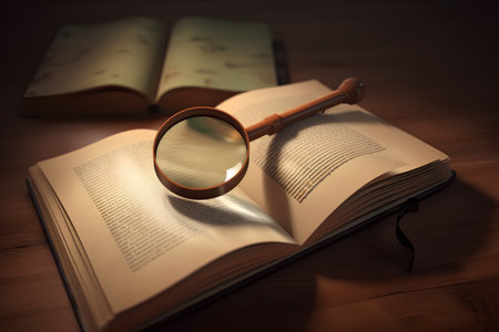 Magnifying glass on an open book. 3d render. Education conceptの素材