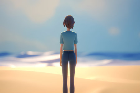 3d render of a young woman standing on the beach and looking awayの素材