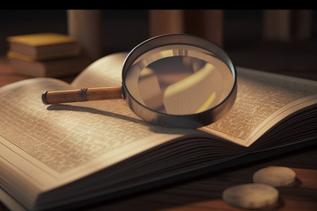 Magnifying glass on a book with books in the background, shallow DOFの素材