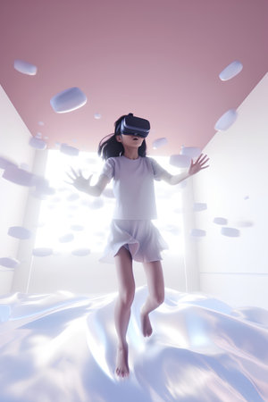 Woman wearing virtual reality goggles in a room with 3d rendered illustrationの素材