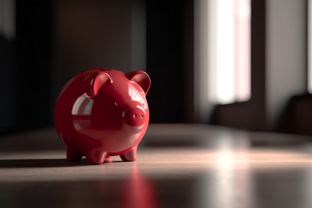 Red piggy bank on the floor in the living room at homeの素材