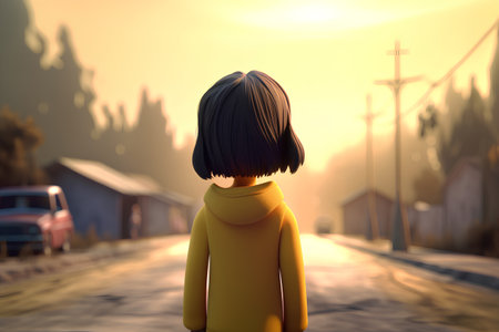 Girl in a yellow hoodie on a city street. 3d renderingの素材