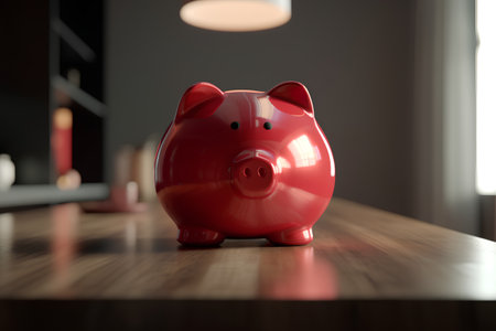 Piggy bank on wooden table in room. Money savings conceptの素材
