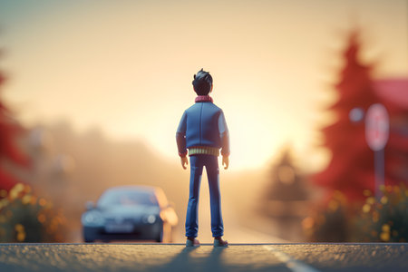 Miniature man standing on the road and looking at the city.の素材