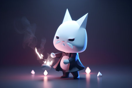 3d rendering of a little white cat wearing a cape and holding a burning candleの素材