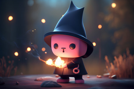 Halloween witch holding a burning match in the night. 3d renderingの素材