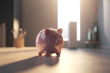 Piggy bank on wooden floor. Concept of saving money.の素材