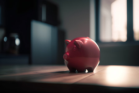 Piggy bank on a wooden table in the kitchen at nightの素材