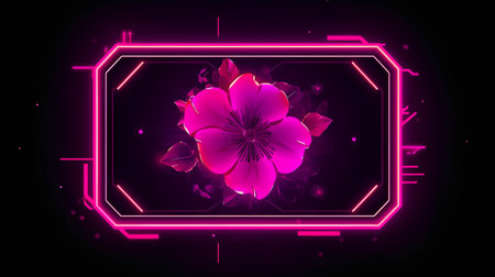 Neon frame with pink flower on black background. Vector illustration.の素材