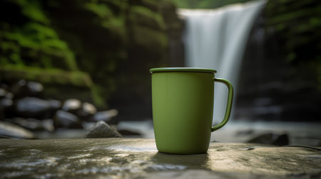 Green mug on a stone with a waterfall in the background. Selective focus.の素材