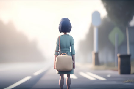 Rear view of a businesswoman with a briefcase standing on the roadの素材