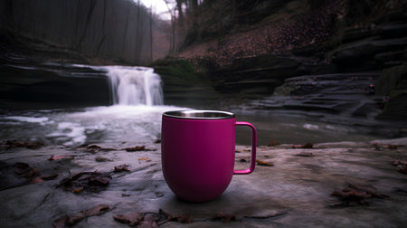 Mug of hot drink on the background of a waterfall in the forestの素材