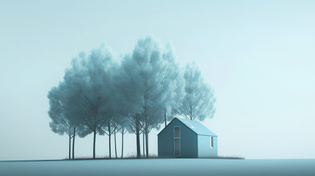 Conceptual image with a blue house surrounded by trees in a foggy forestの素材
