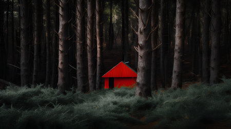Red house in the forest, 3d render. Computer digital drawing.の素材