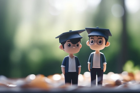 Miniature students with graduation cap in the park, education concept.の素材