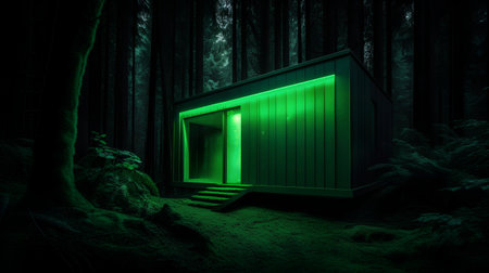 green house in the dark forest with light coming out of the boxの素材