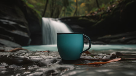 Coffee cup on stone with waterfall in the nature background.の素材