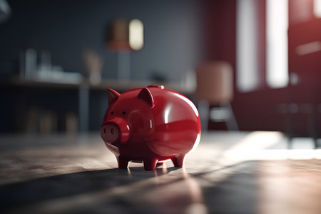 Red piggy bank on the floor in a dark room. 3d renderingの素材