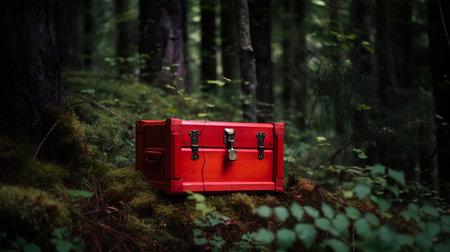 Red suitcase in the forest. Travel concept. Toned image.の素材