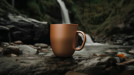Mug of hot drink on stone with waterfall in the background.の素材