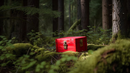 Red box in the forest, shallow depth of field with copy spaceの素材