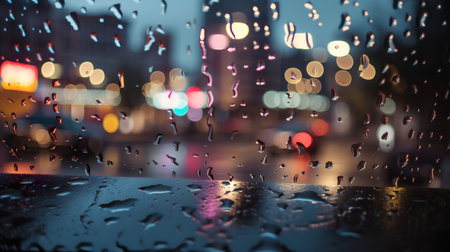 Rain drops on glass with city view blurred bokeh lights backgroundの素材