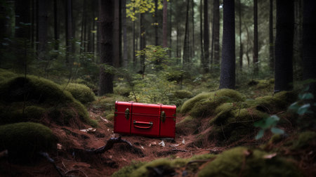 Red suitcase in the forest, concept of travel, tourism and adventureの素材