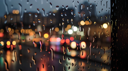 rain drops on glass with blurred city lights in the background at nightの素材