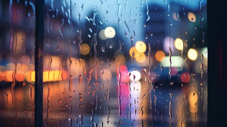 Raindrops on the glass with blurred lights in the city at nightの素材