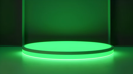 Green podium in the dark room with neon light. 3d renderingの素材