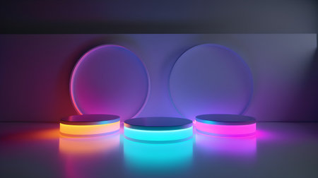 3d render, abstract background, neon light, round pedestalの素材