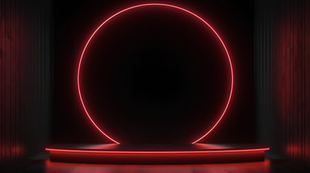 Neon podium in dark room with red lighting. 3d renderingの素材