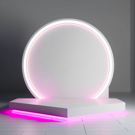 Abstract scene podium illuminated by neon light. Award ceremony concept. 3d renderの素材