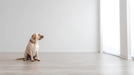 Labrador Retriever sitting on the floor in a white roomの素材