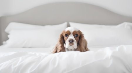 Cavalier King Charles Spaniel dog lying on a white bedの素材