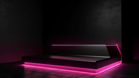 3d rendering of a black podium in a dark room with neon lightsの素材