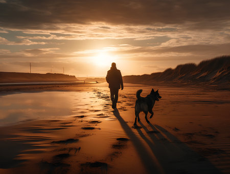 Man walking his dog on the beach at sunset, 3d renderの素材