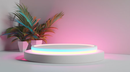 3d render of minimal display podium with palm leaves and neon lightの素材