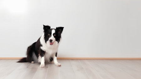 Border Collie dog sitting on the floor in front of a white wallの素材