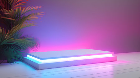 3d render, abstract background with neon light, podium for product presentationの素材