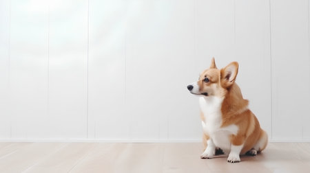 Welsh Corgi Pembroke in front of a white wallの素材